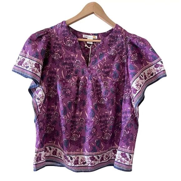 C&C California Fuchsia Floral Boho V-Neck Flutter Sleeve Boxy Womens Blouse SZ L - Picture 1 of 10